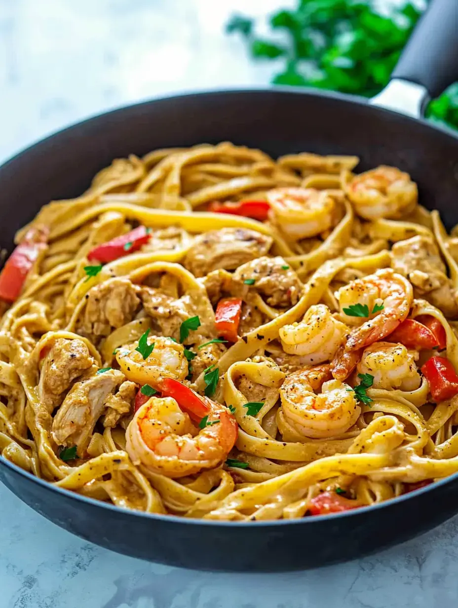 You can see creamy fettuccine, juicy shrimp, chicken chunks, red peppers, and parsley all cozy in a skillet.