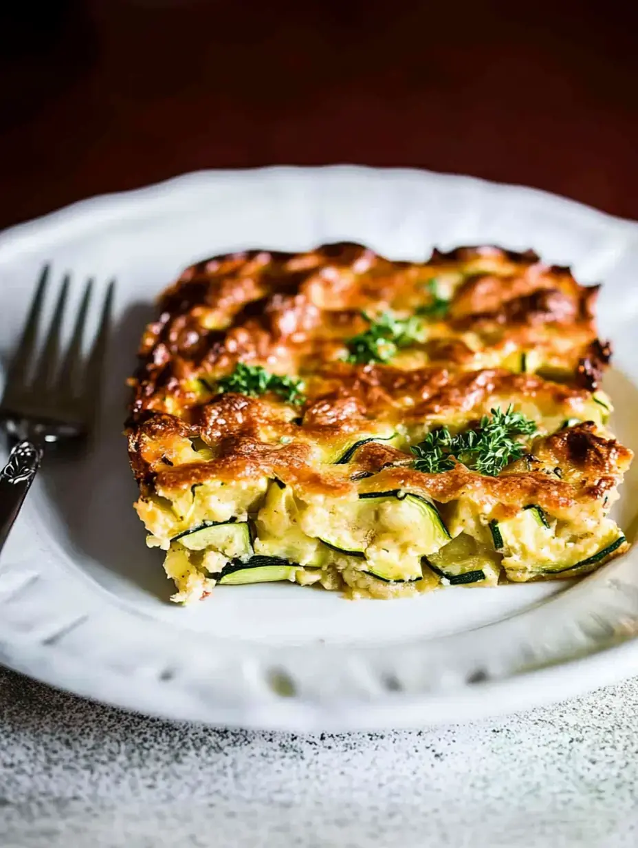 A cheesy slice of zucchini casserole with herbs on a fancy plate and a fork by the side.