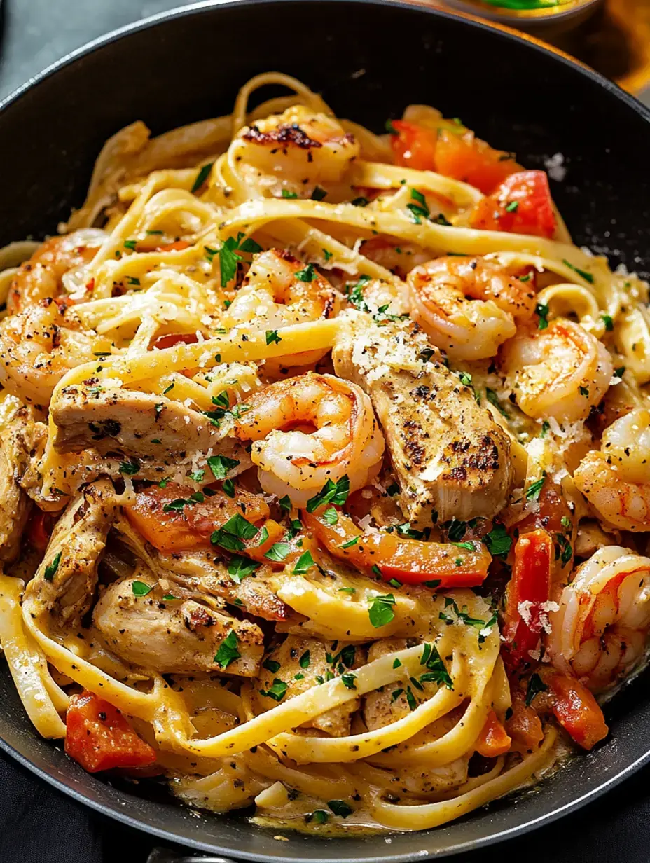A bowl loaded with fettuccine, shrimp, chicken, peppers, finished with parsley and cheese, looks seriously tempting.