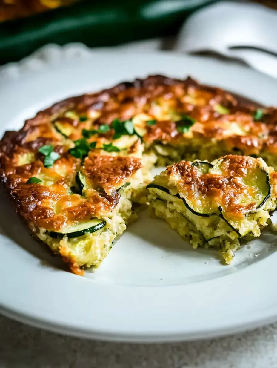 A slice of zucchini egg bake with parsley on a white plate, looking fresh and inviting.