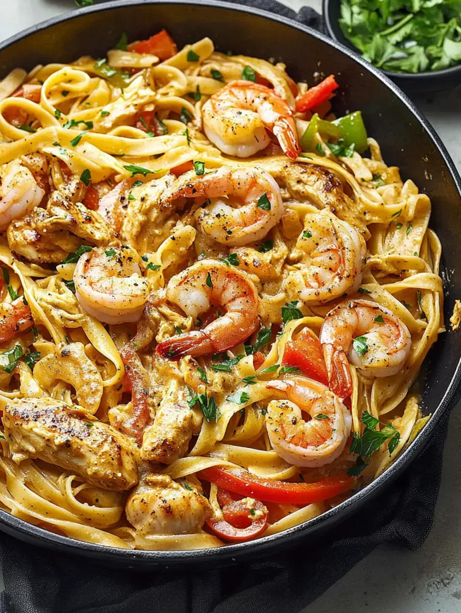 A black skillet packed with creamy fettuccine, shrimp, chicken, peppers, and parsley—comfort food in a pan.