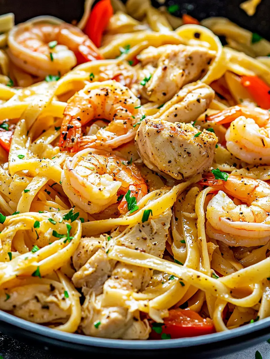 Herby, red-speckled chicken and shrimp pasta in a bowl—totally inviting and fresh-looking.