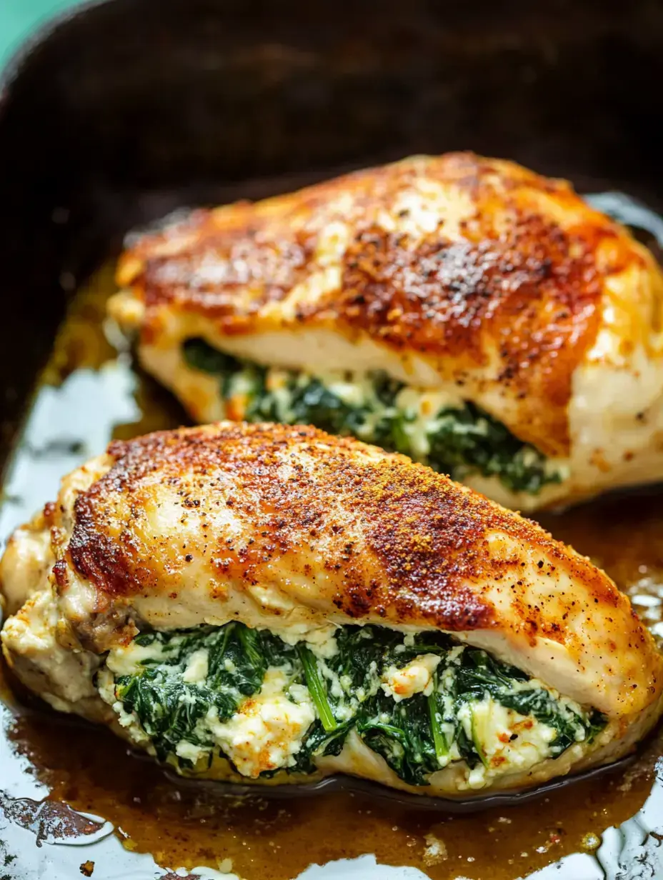 Two chicken breasts stuffed with spinach and cheese sitting in a dark pan with a tasty-looking sauce.