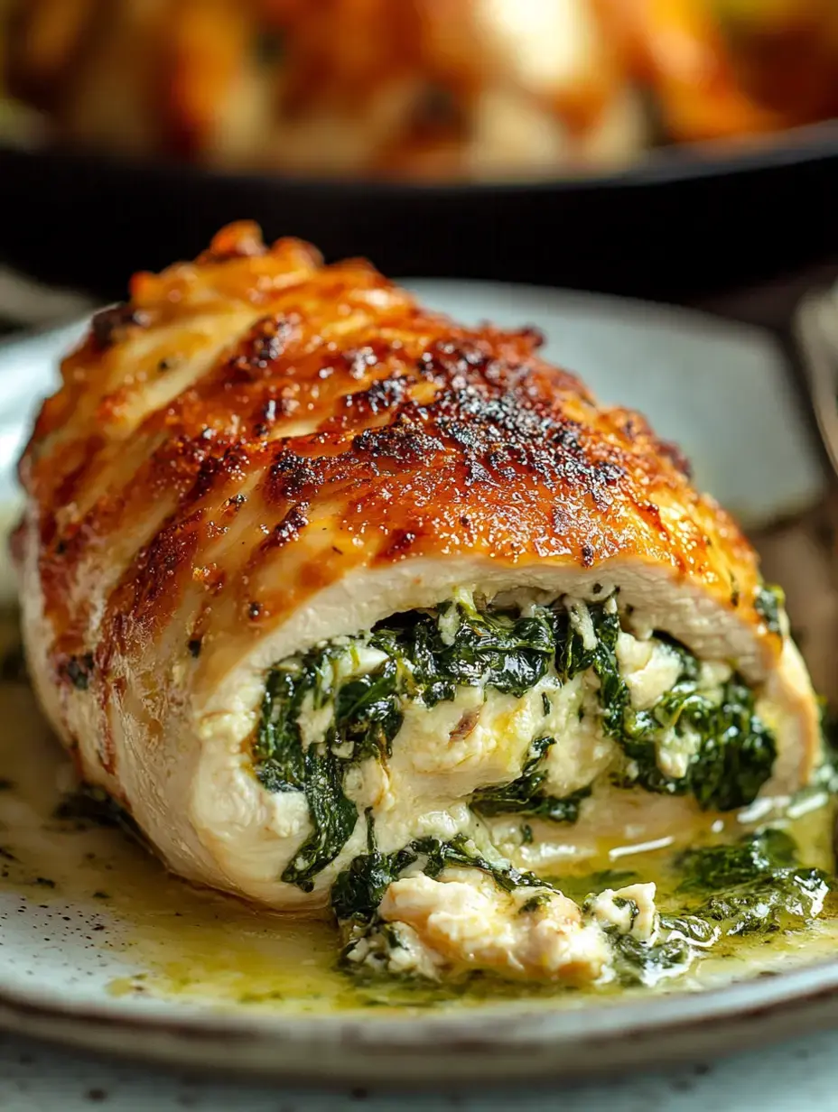 Close-up shot of a stuffed chicken breast with crispy golden skin and oozing spinach filling on a plate.