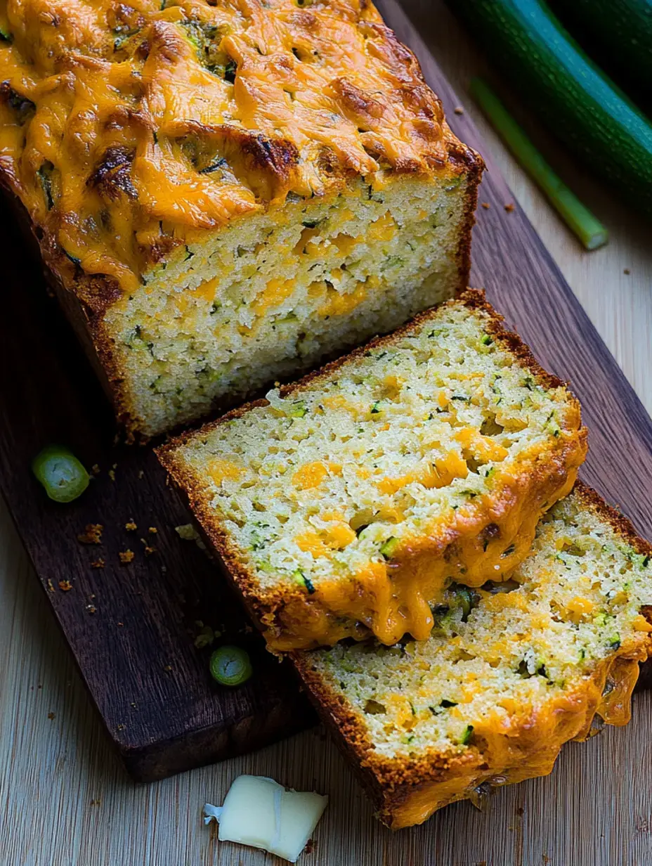 Sliced cheesy zucchini loaf on a cutting board, teamed with green onions and melty butter.