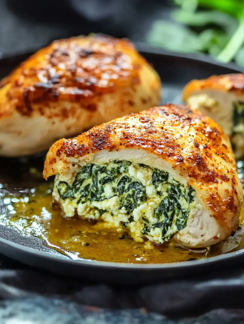 A close look at two golden chicken breasts, one sliced to show creamy spinach and cheese inside, topped with sauce on a dark plate.