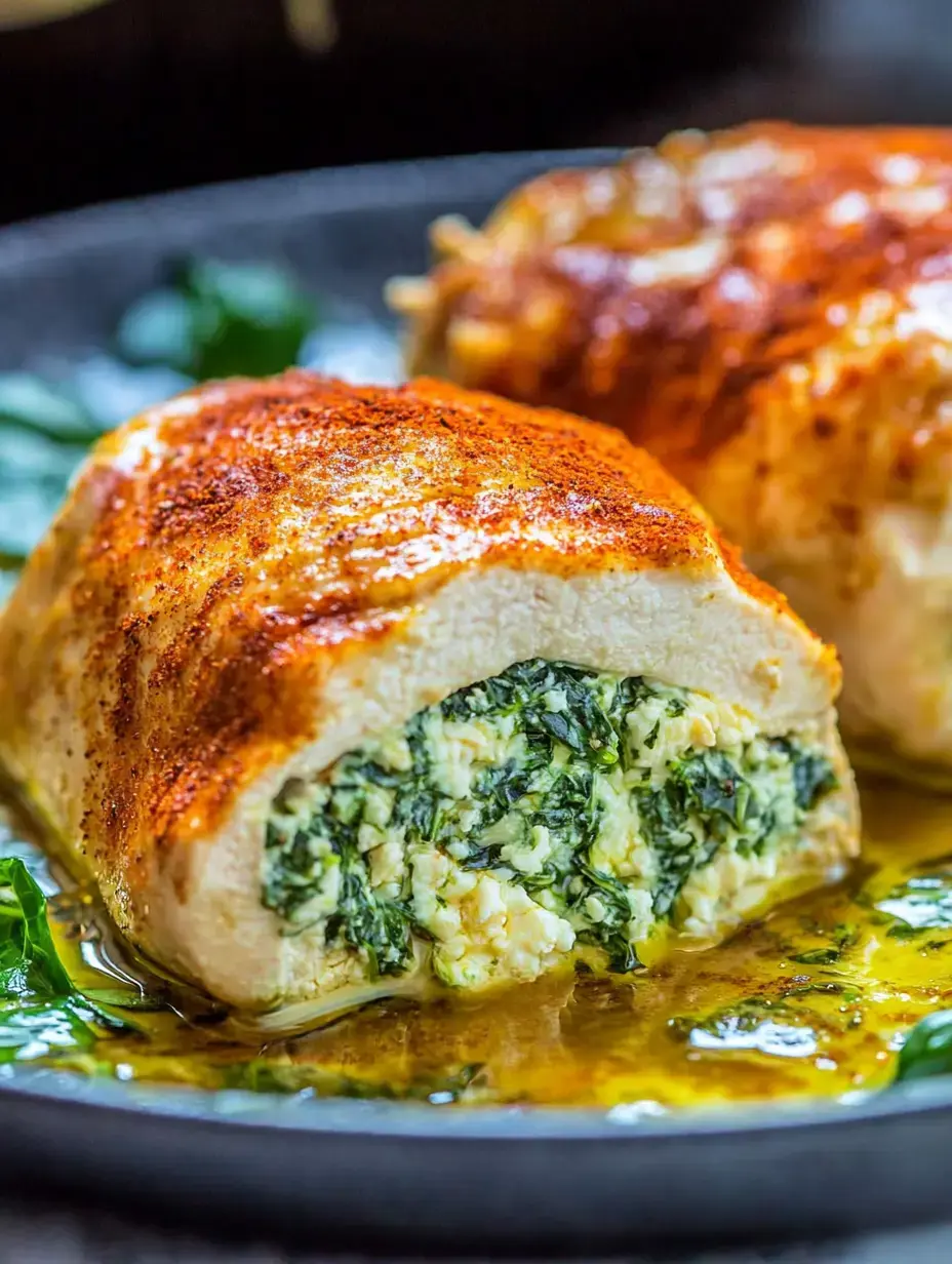 A close-up showing a sliced chicken breast stuffed with creamy spinach and cheese on a dark plate with sauce drizzles.