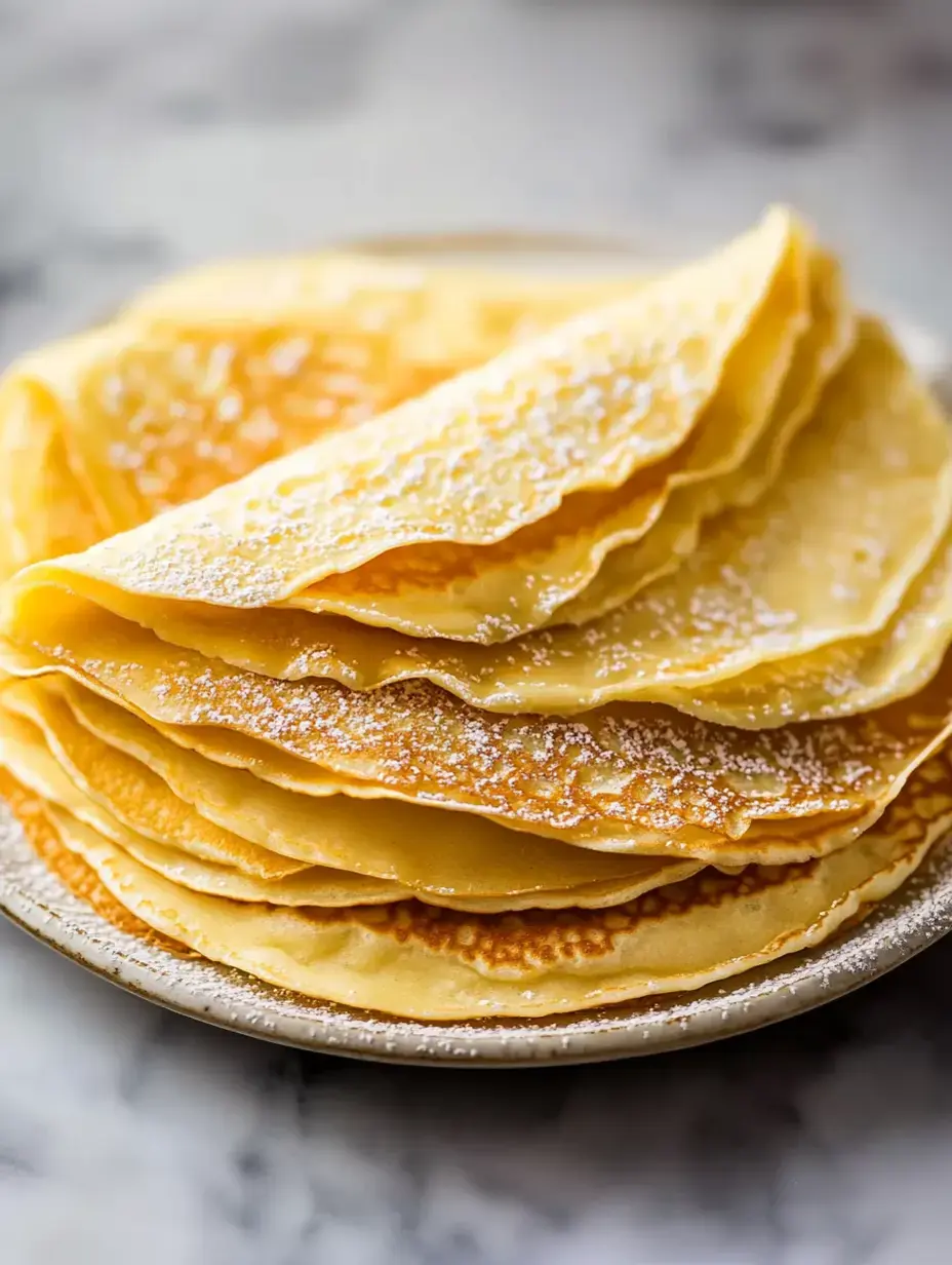 A pile of thin pancakes dusted with powdery sugar, all stacked up on a plate.
