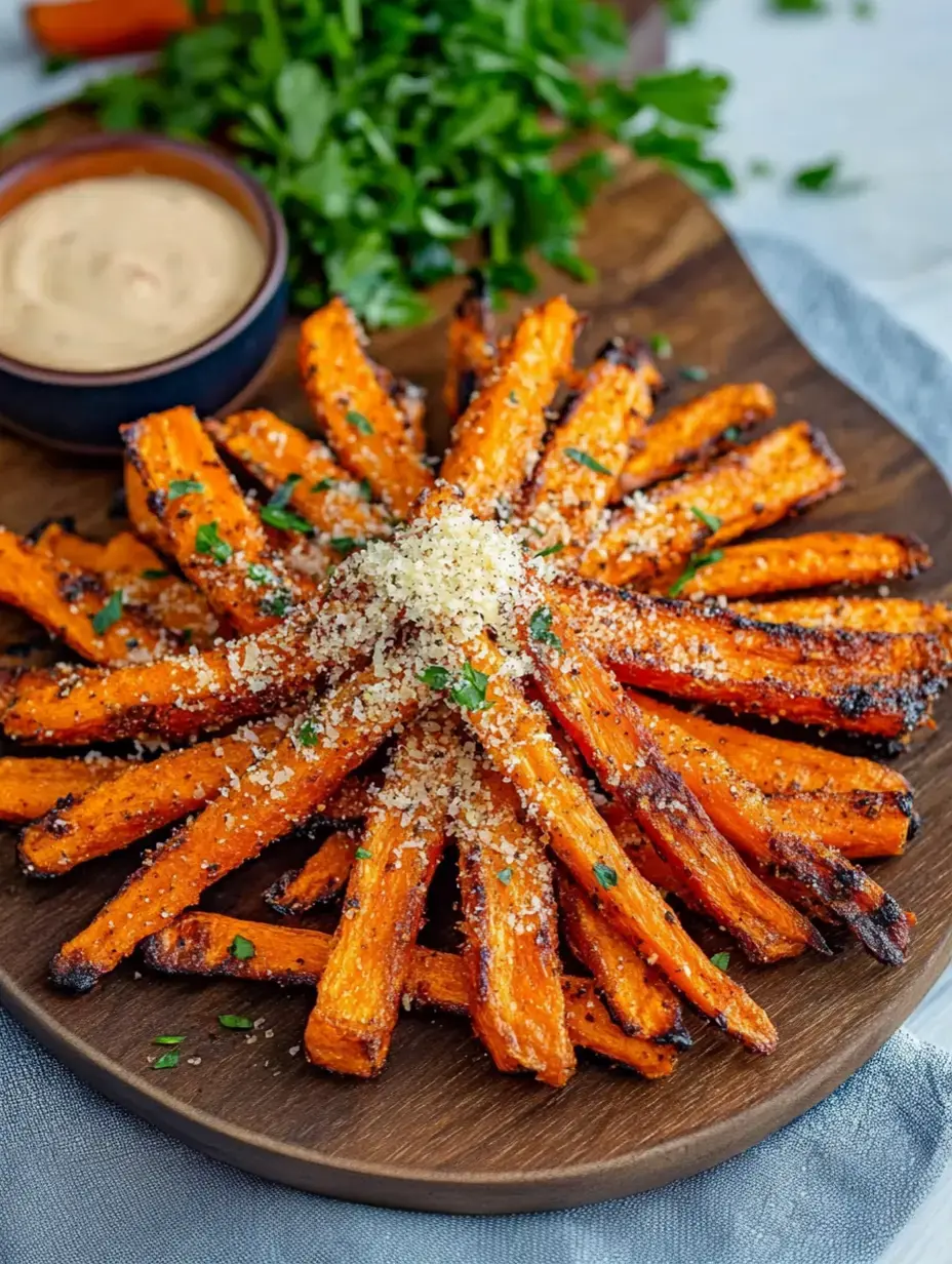 A serving board covered in roasted carrot sticks with cheese and chopped herbs, set next to a bowl of dipping sauce.
