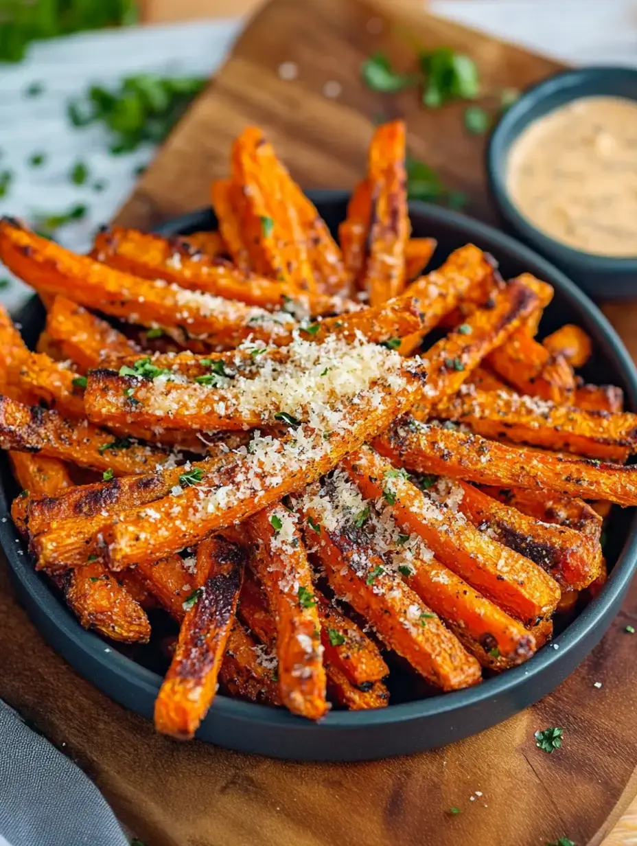 Zoomed-in bowl jam-packed with sweet potato fries dusted in parmesan and fresh herbs, dip on the side.