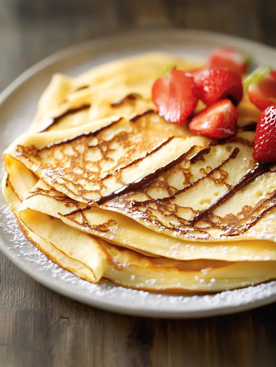 A high stack of crepes covered with strawberries and a dusting of powdered sugar on a gray plate.