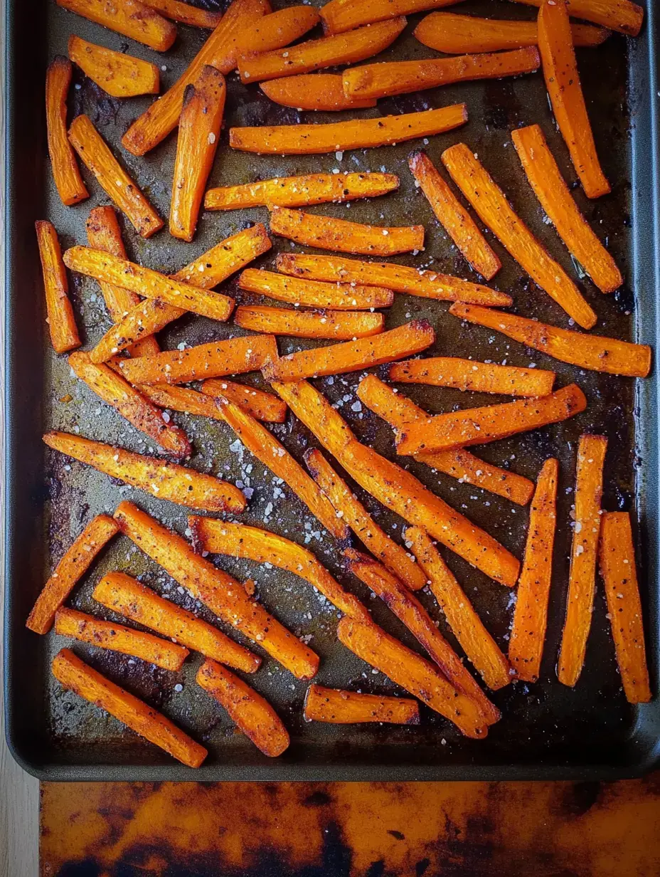 Rows of roasted carrots with salt and pepper scattered on a baking tray.