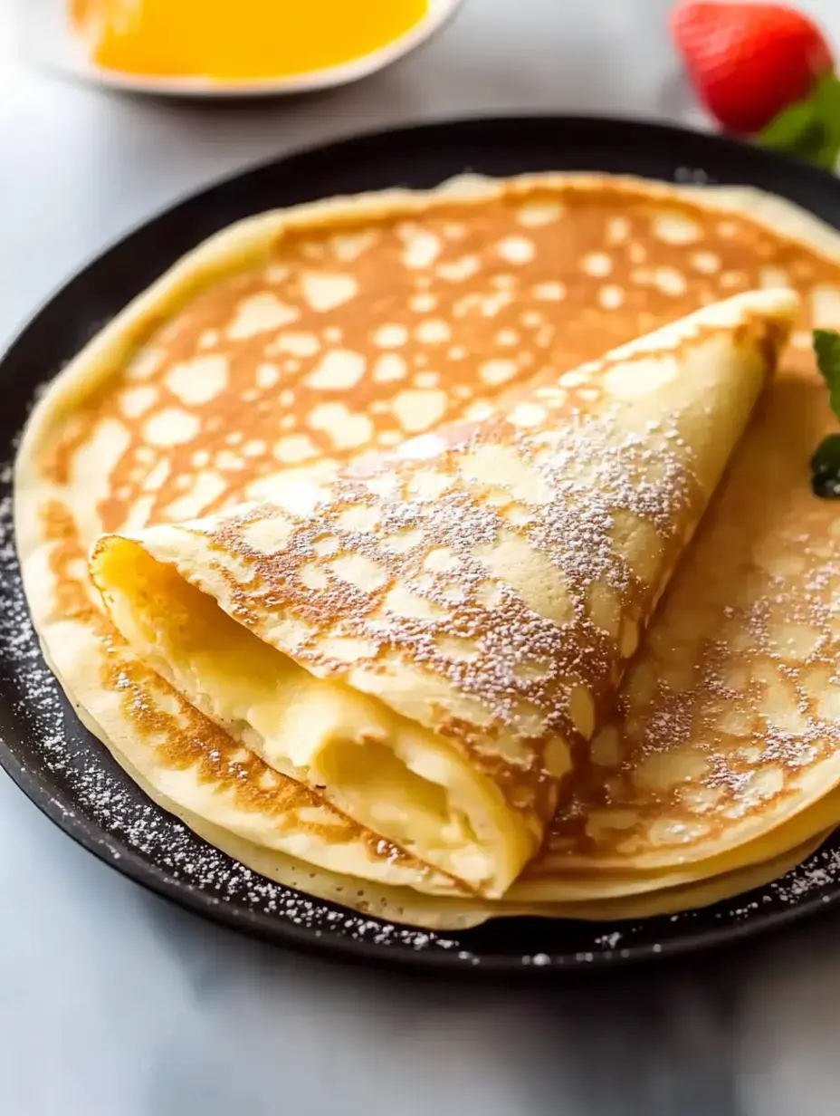 Folded, thin pancakes with a dusting of powdered sugar alongside a dish of syrup and fresh berries.