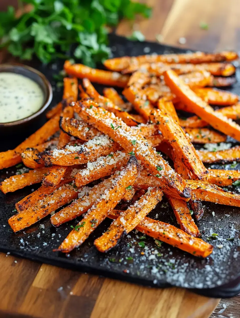Crunchy carrot fries on a plate, dusted with cheese, plus a little bowl of dip for dunking.