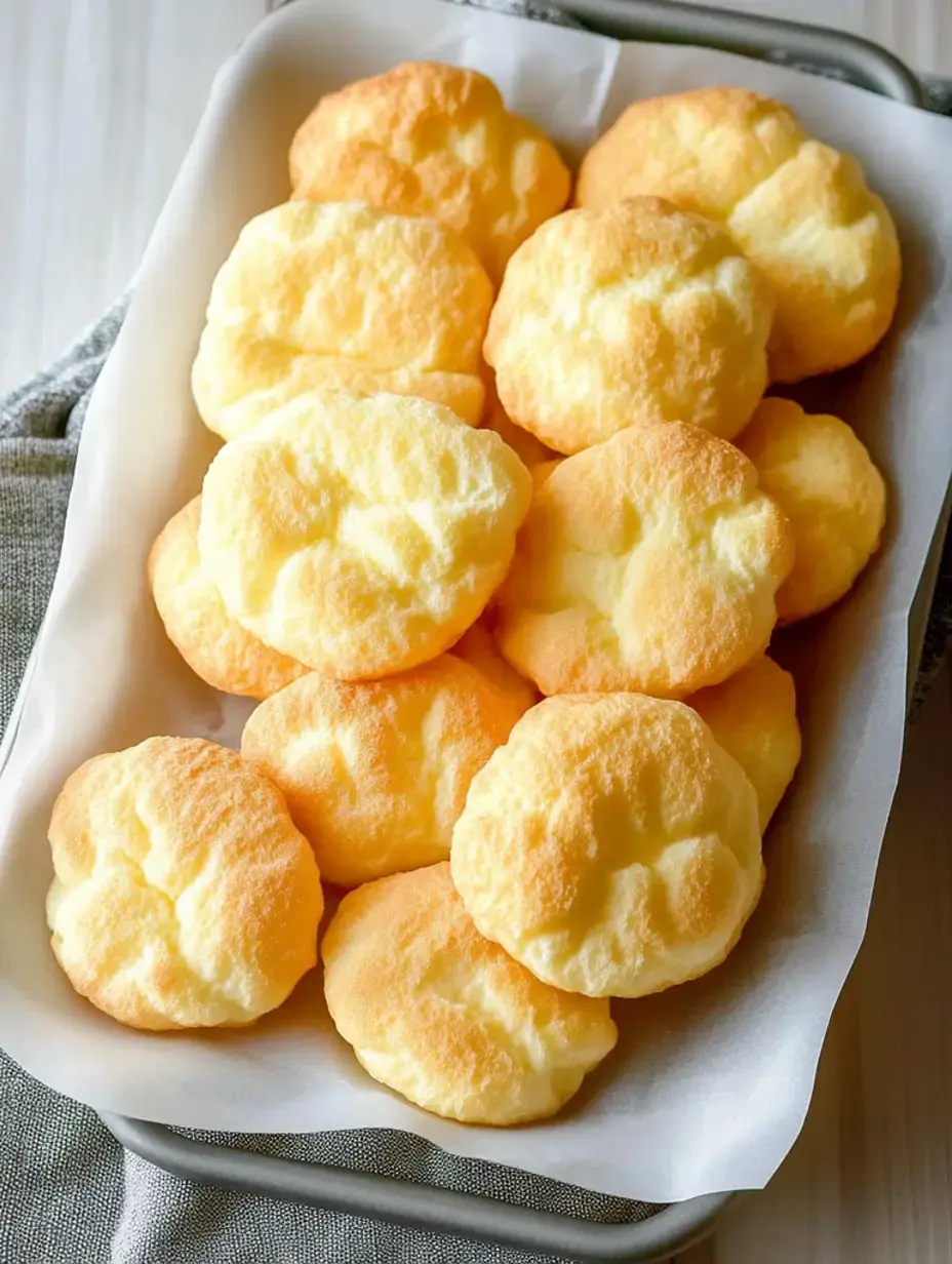 On a gray surface, golden fluffy circles that look like tiny clouds fill a baking tray.