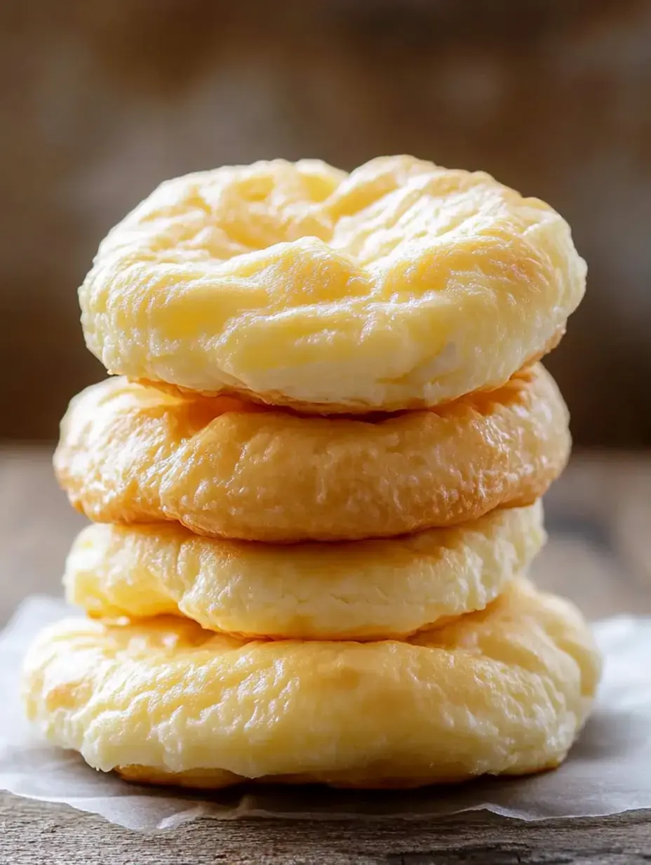 Four golden low carb rounds stacked on a wooden board.