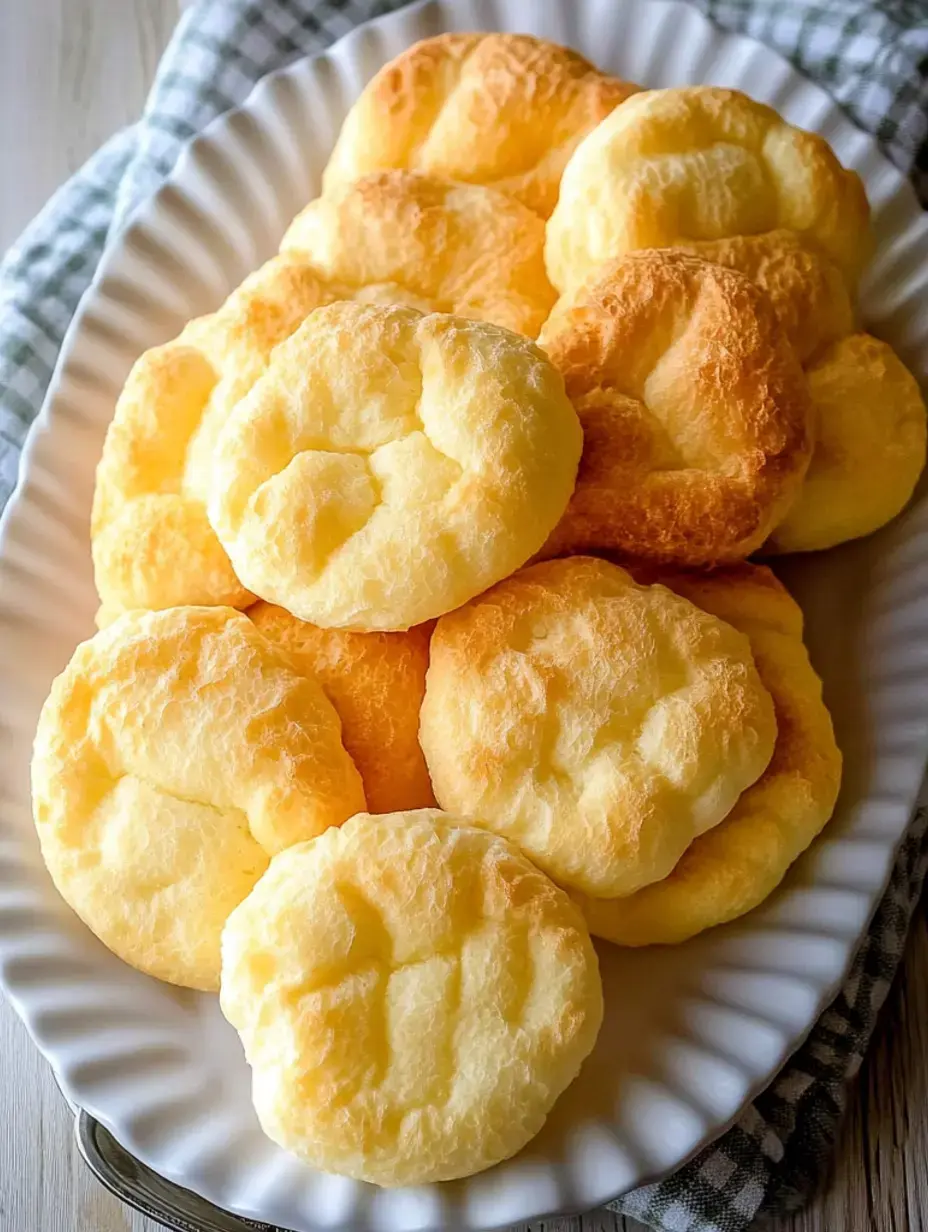 A serving dish is filled with a selection of golden cloud bread rolls.