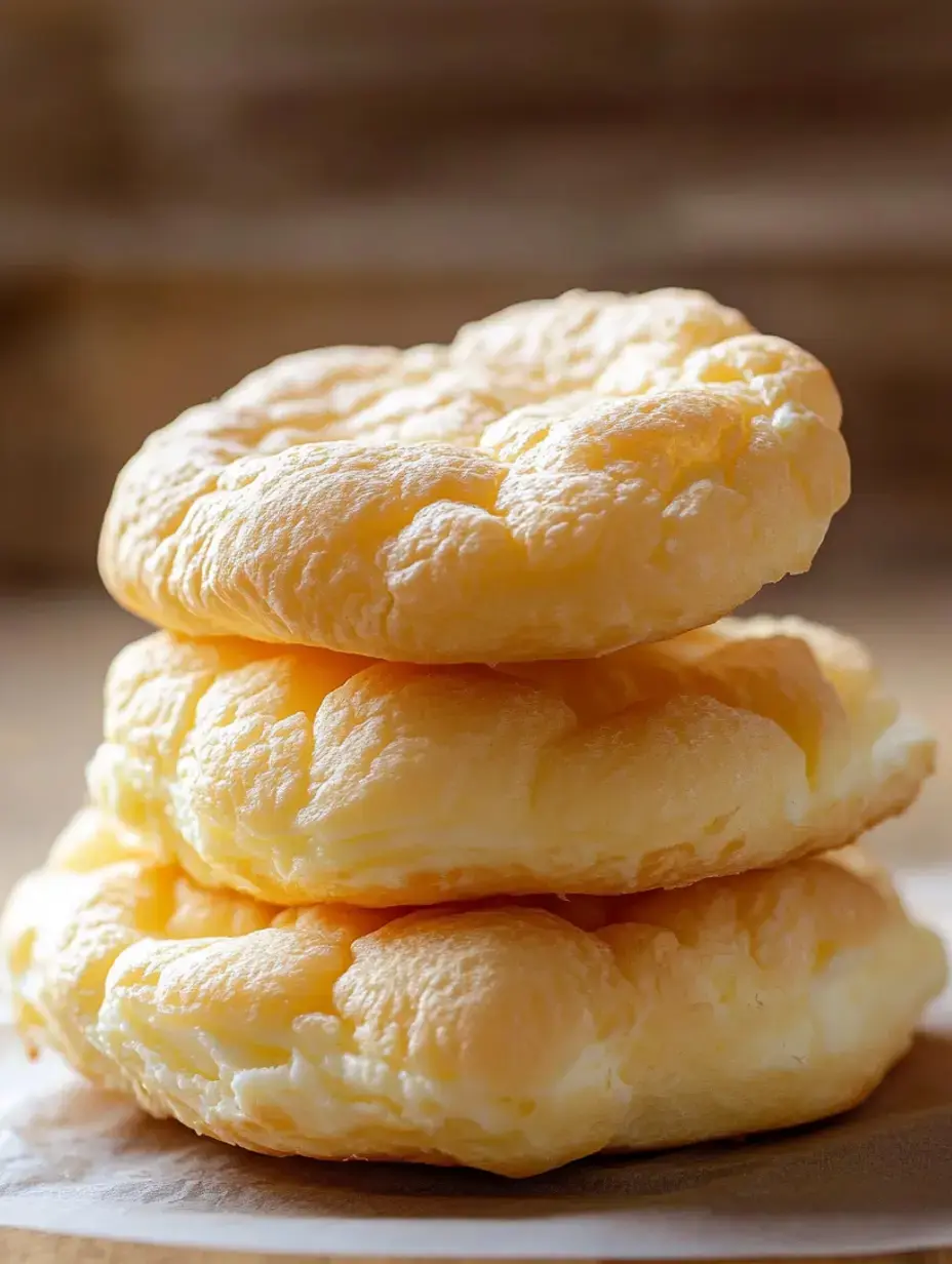 Three stacked golden cheesecakes with a fluffy look sit on a plate.