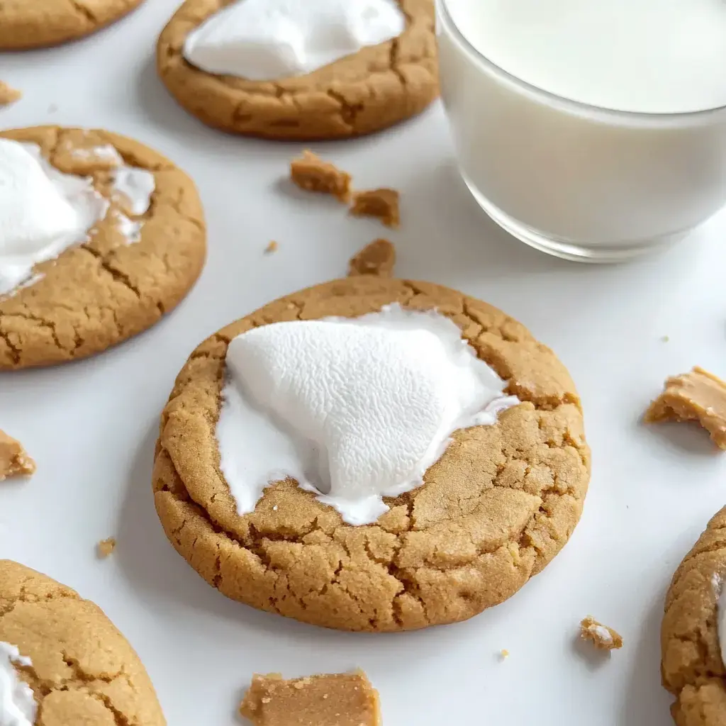 Close-up of marshmallow-filled peanut butter cookies with a glass of milk on the side.