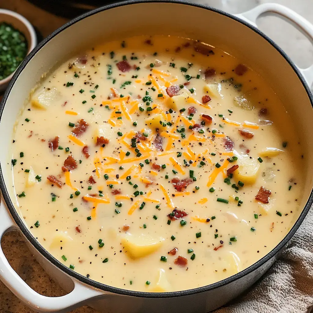 Thick potato soup with crispy bacon, shredded cheese, and fresh chives in a white bowl.