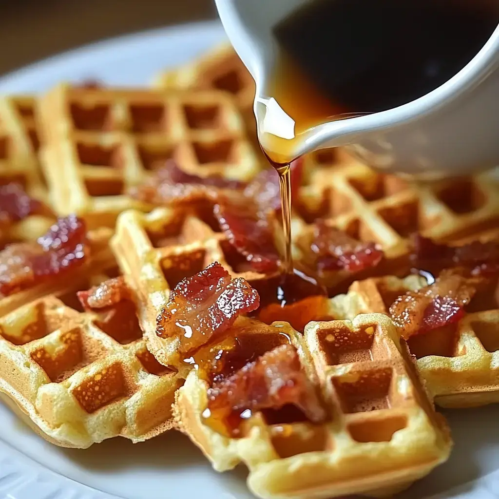 A plate of mini waffle bites topped with syrup and bacon.