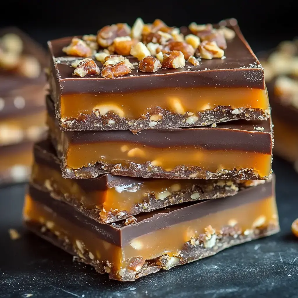 A close shot of caramel and chocolate bars with crushed toppings.