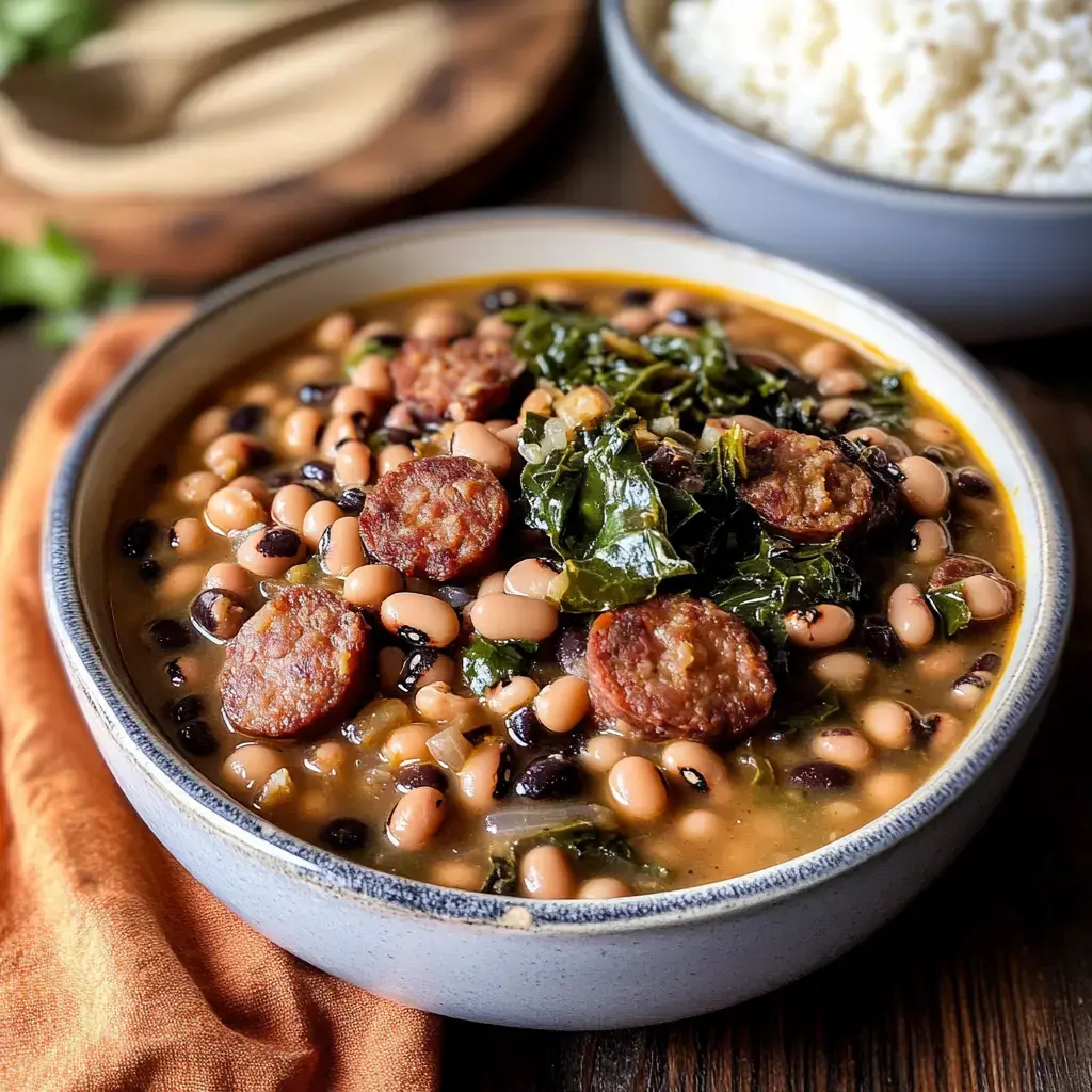 A bowl of rich stew with beans, sausage slices, and leafy greens served alongside white rice.