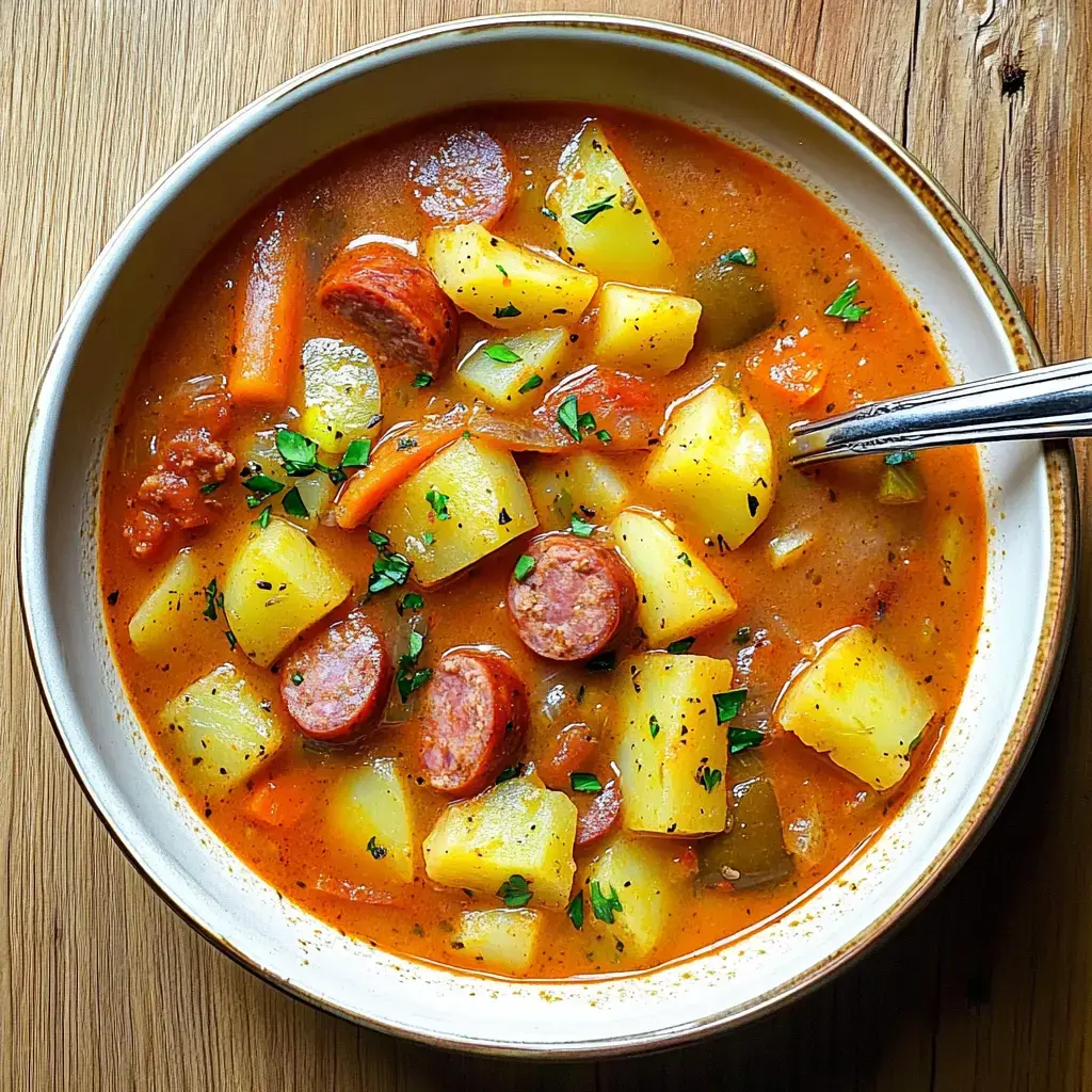 Chunky potato soup with sausage and carrots, topped with parsley in a creamy broth.