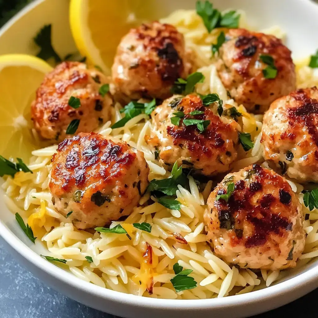 Golden meatballs on lemon orzo pasta, topped with parsley and served with lemon wedges.