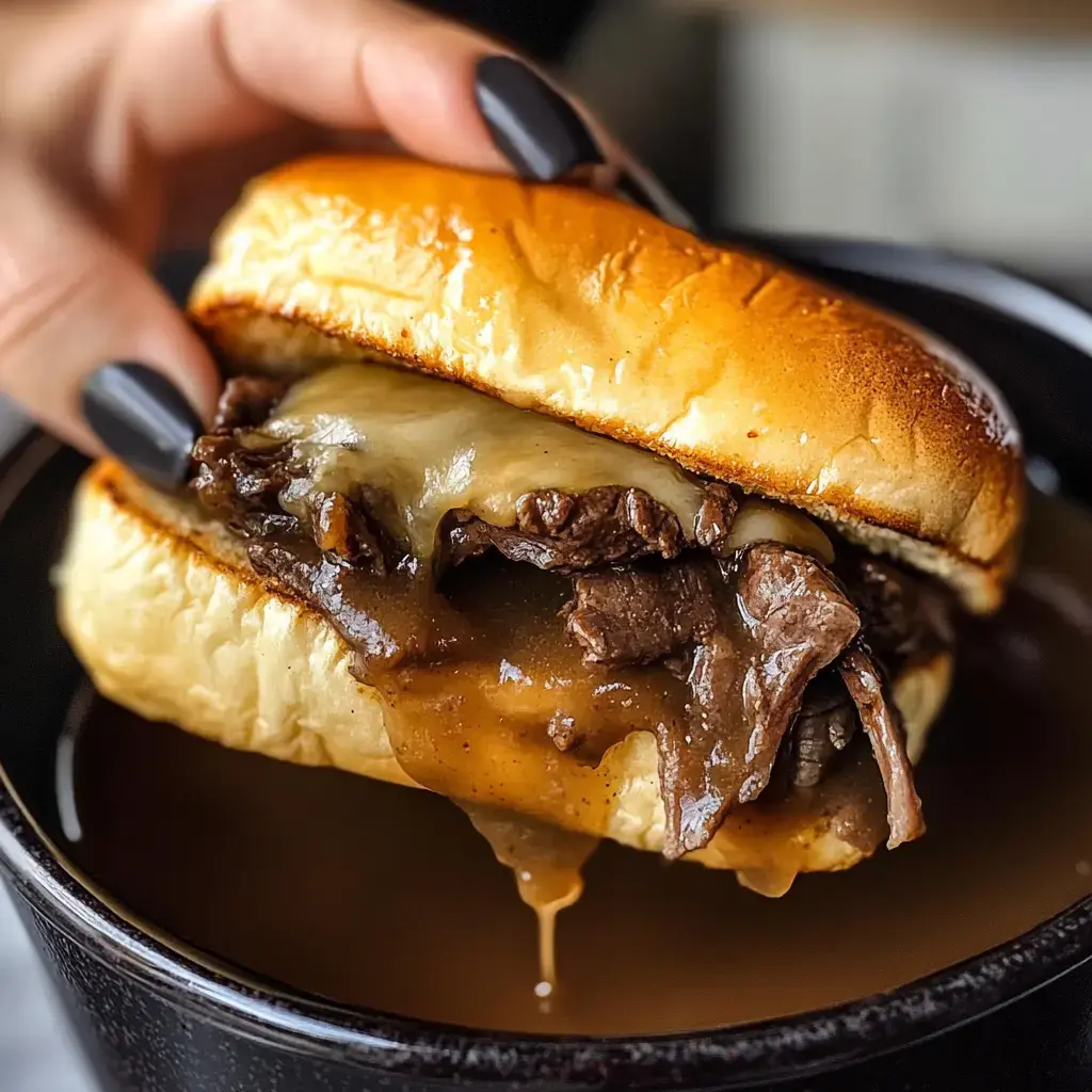 A cheesy beef sandwich dripping sauce held above a broth-filled bowl.