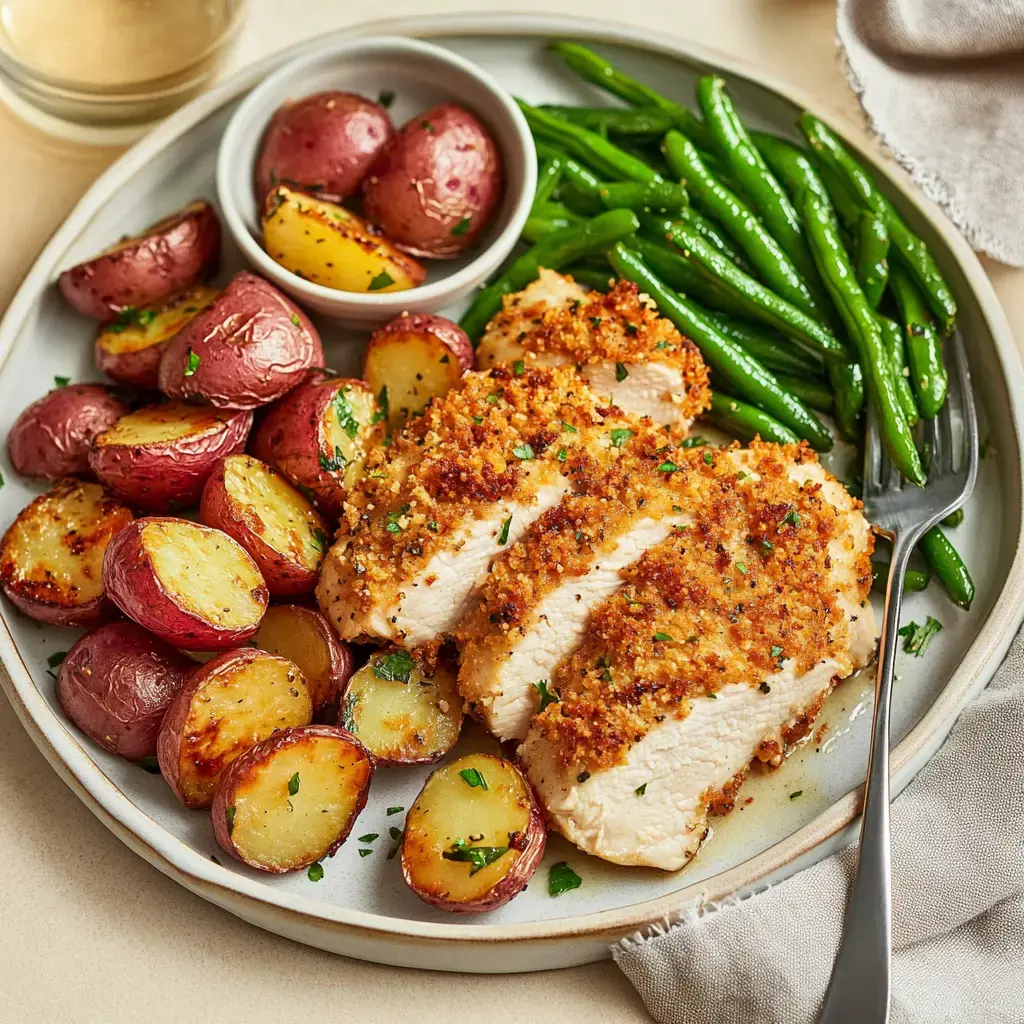 Crispy breaded chicken with roasted red potatoes and fresh green beans on a plate.