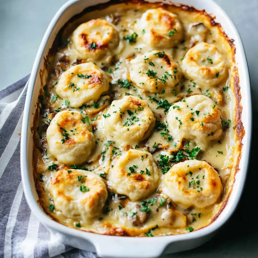 A comforting savory bake with golden puff crust and fresh parsley scattered on top.