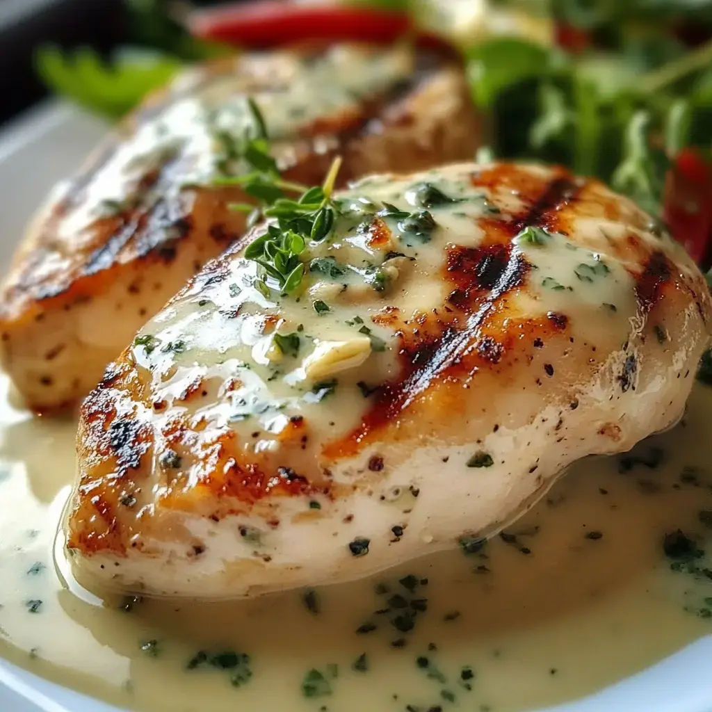 Plated chicken breasts smothered in a creamy herb sauce alongside fresh greens.