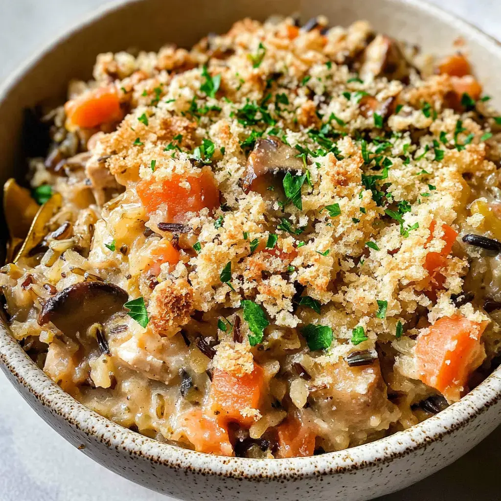 A creamy dish of wild rice topped with crisp breadcrumbs, fresh herbs, and bits of vegetables.
