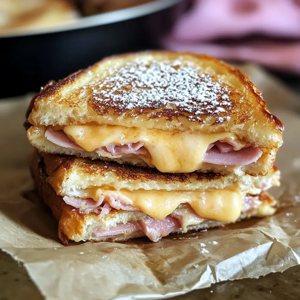 Close-up of a fried, golden sandwich stuffed with ham and melted cheese, topped with powdered sugar on brown paper.