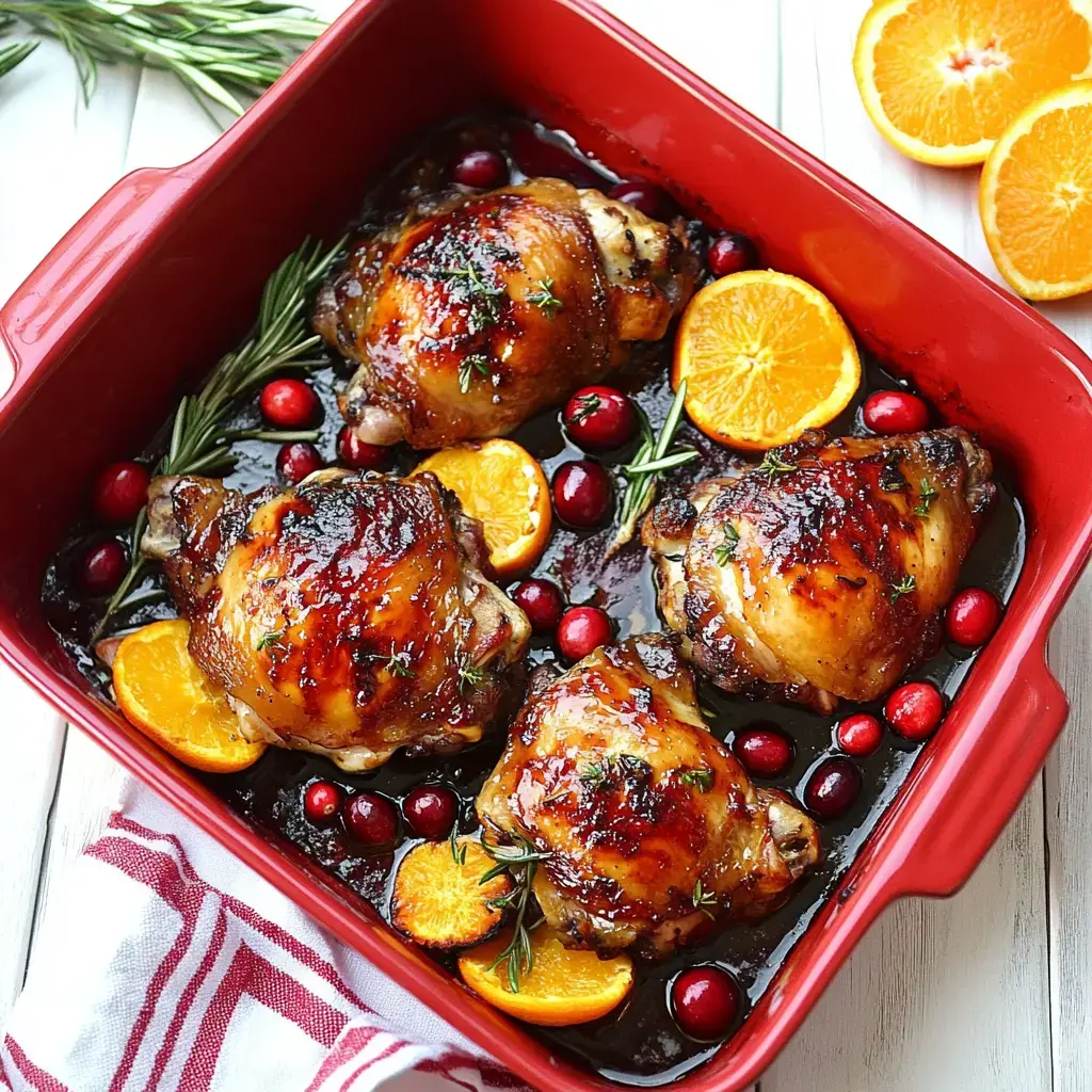 A red baking dish filled with juicy chicken thighs, surrounded by fresh cranberries, orange wedges, and sprigs of rosemary.