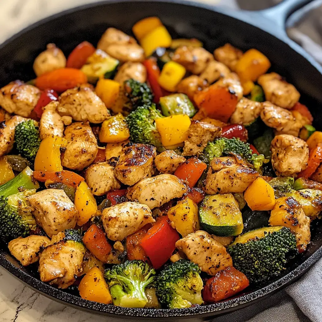 A sizzling pan with golden chicken chunks and bright veggies like zucchini, peppers, and broccoli.