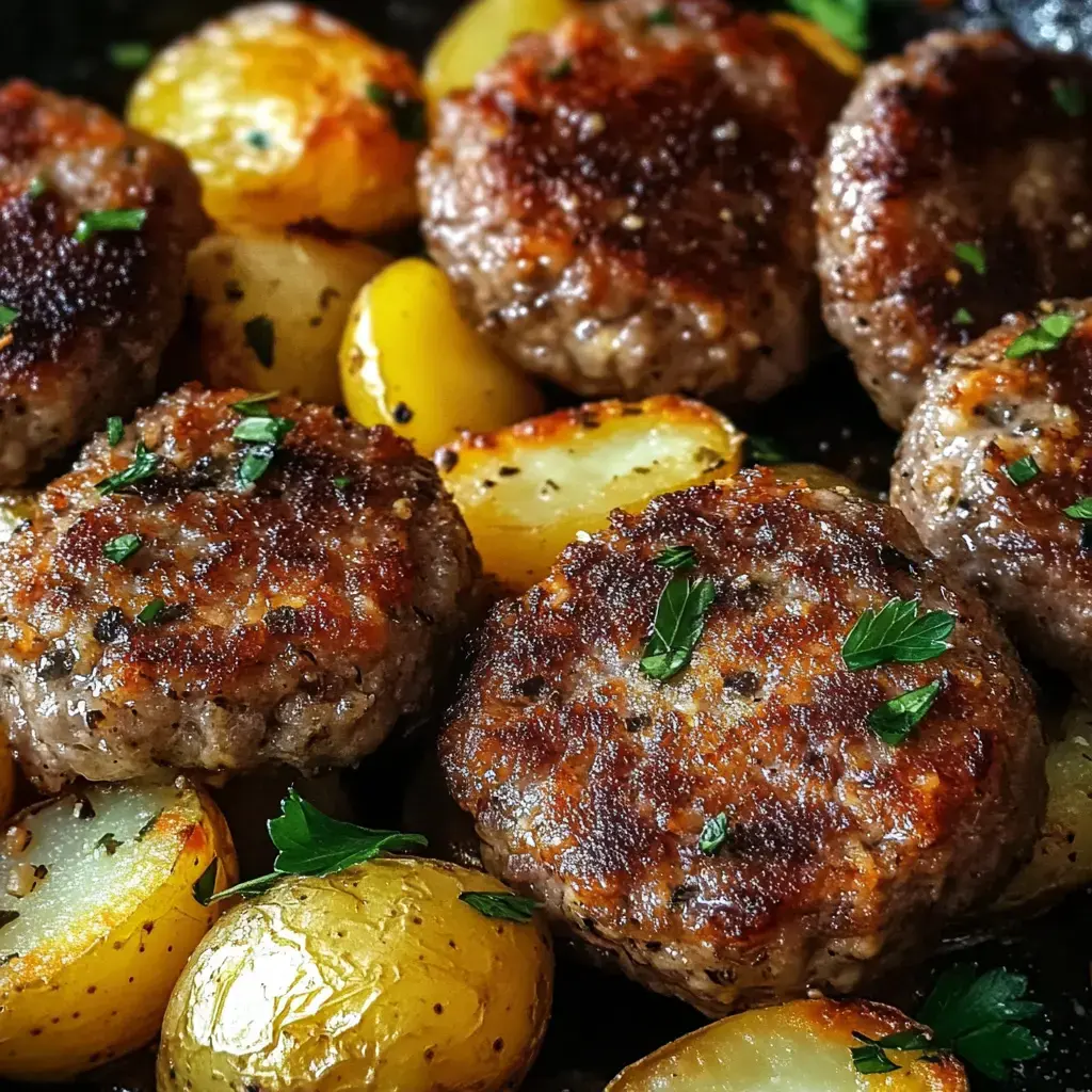 Close look at crispy, browned meat patties with roasted potatoes sprinkled with fresh parsley.