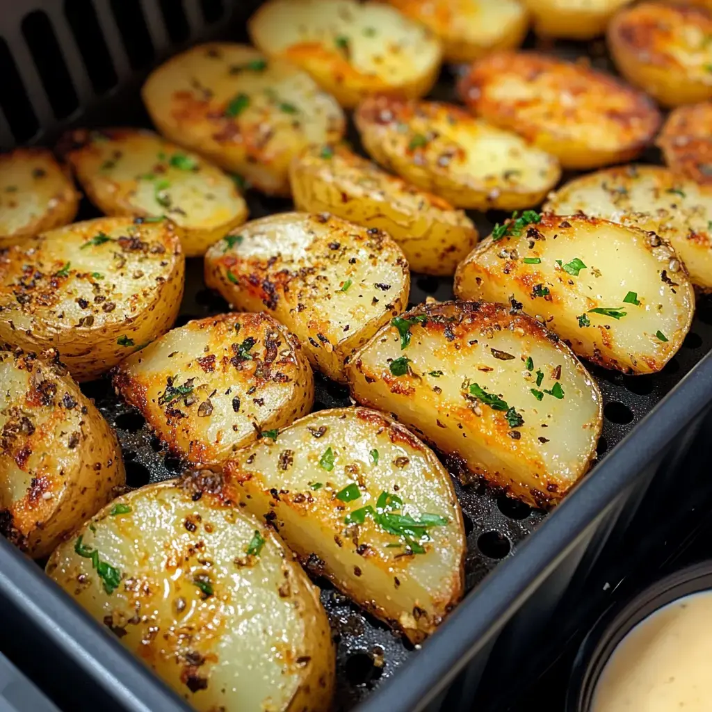 Golden-brown potato slices with fresh herbs on a black tray, close-up view.
