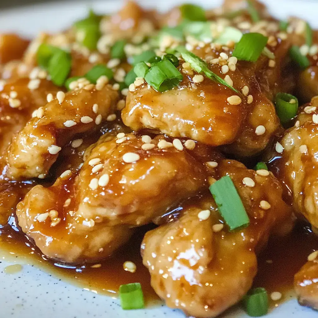 Close view of crispy coated chicken covered in honey garlic sauce, garnished with sesame seeds and green onions.