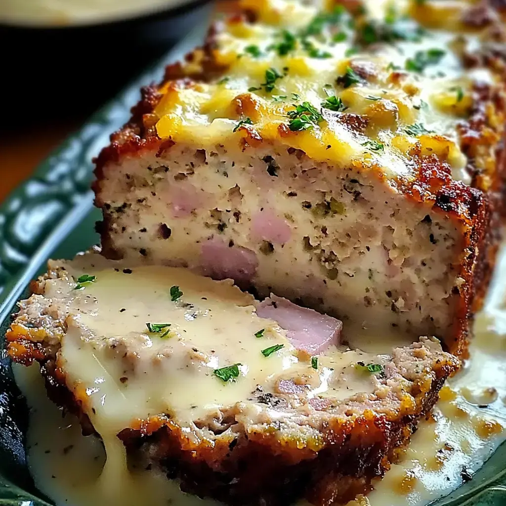 Sliced chicken loaf with creamy sauce on top, sprinkled with herbs for garnish.
