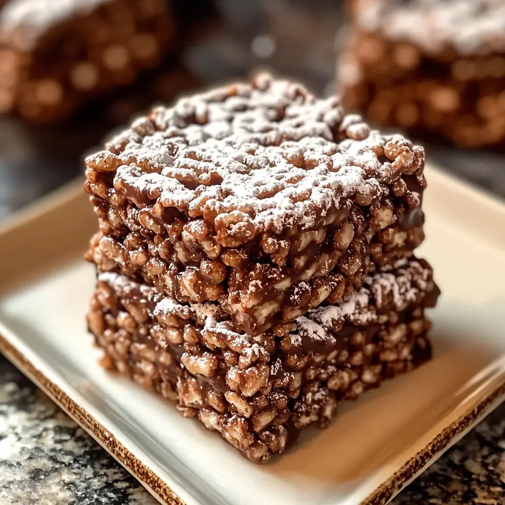 A pair of chocolatey crispy bars topped with powdered sugar, stacked on a plate.