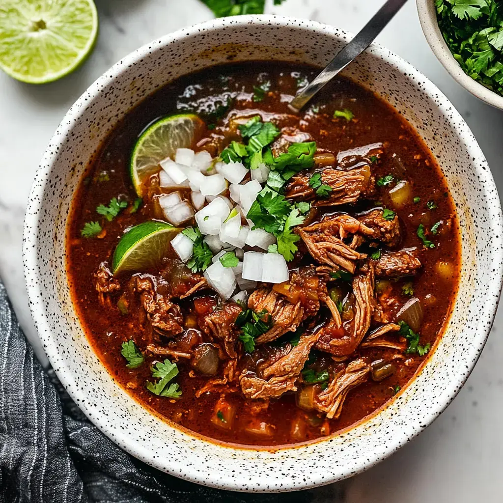 A hearty bowl of chili-spiced beef stew garnished with fresh herbs, onions, and lime wedges in a rich broth.