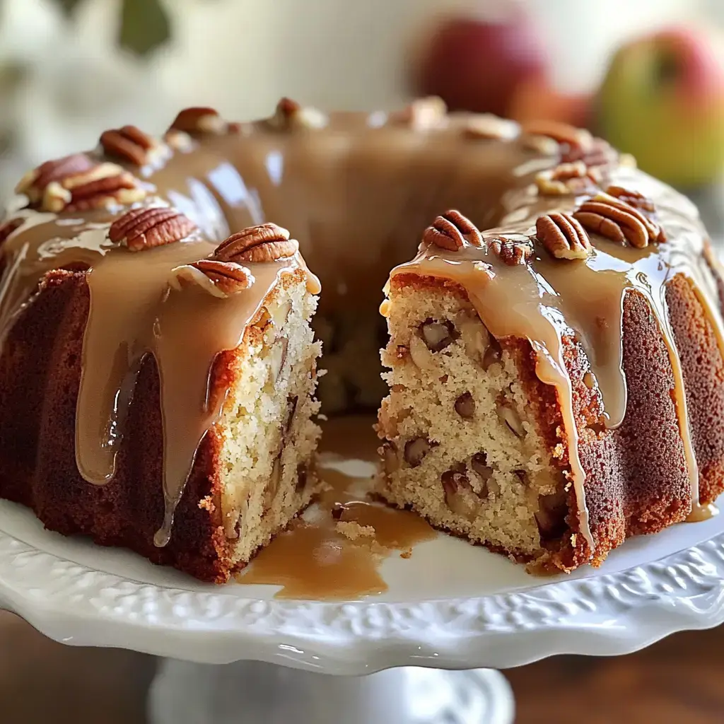 A golden, nut-studded cake with caramel glaze drizzled over, showing its moist interior with pecans.