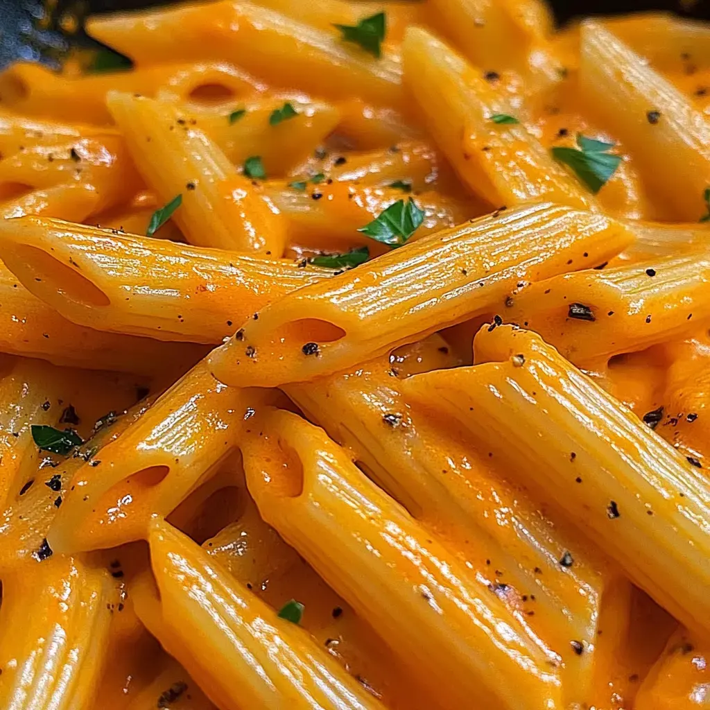 Close-up view of pasta coated in a smooth orange sauce with fresh parsley on top.