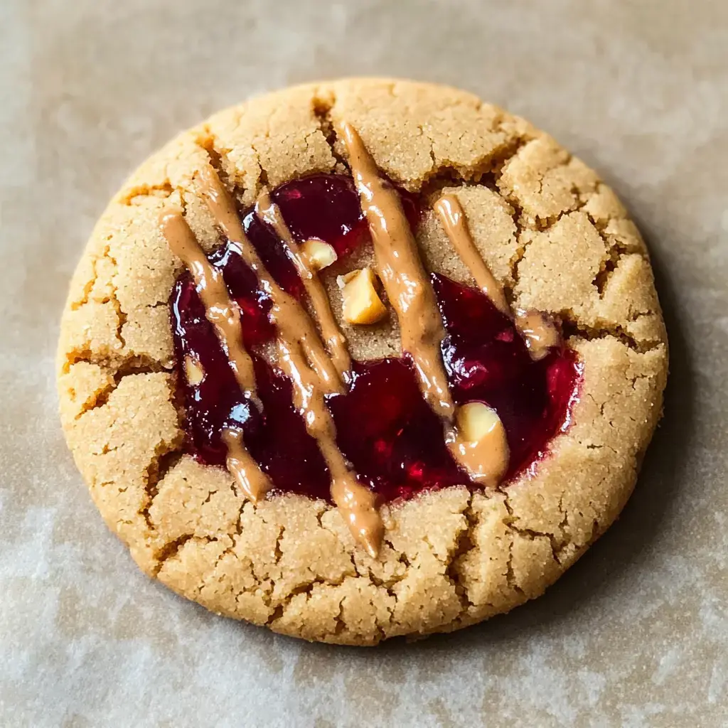 Close shot of a peanut butter thumbprint cookie filled with jelly and drizzled with peanut butter.