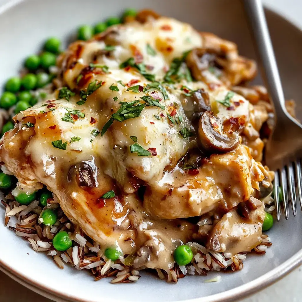 Chicken with cheese melted on top, surrounded by rice, peas, and herby sprinkles, all on a plate. Hints of red pepper add warmth.