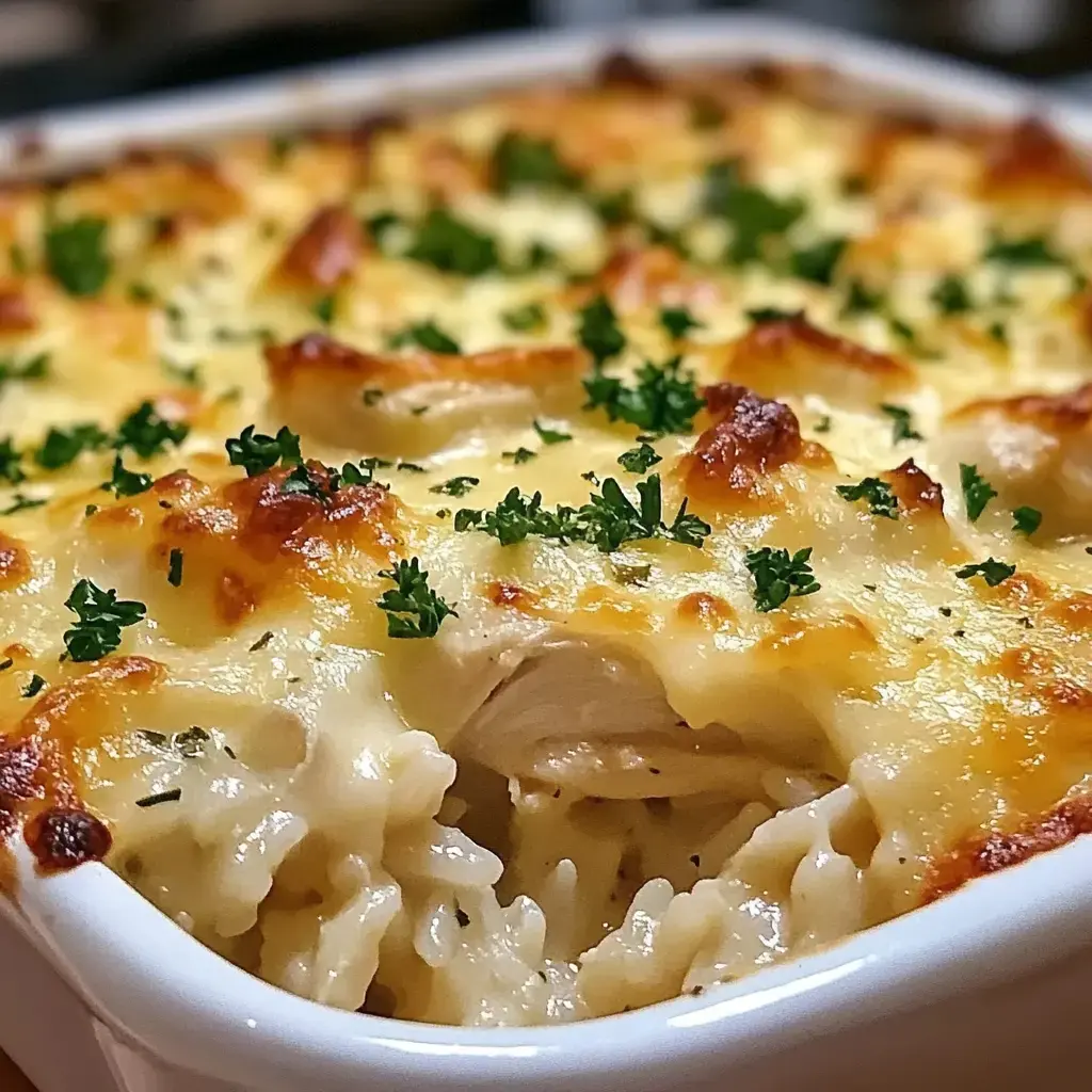 A golden-topped chicken and rice casserole with parsley garnish and melty cheese.