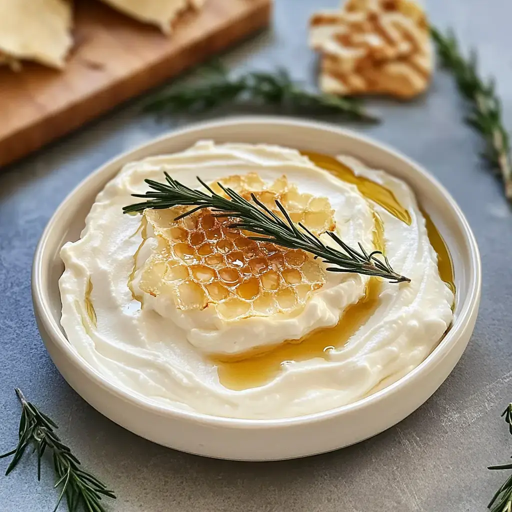 A creamy cheese topped with honey, olive oil, and rosemary, served in a bowl.