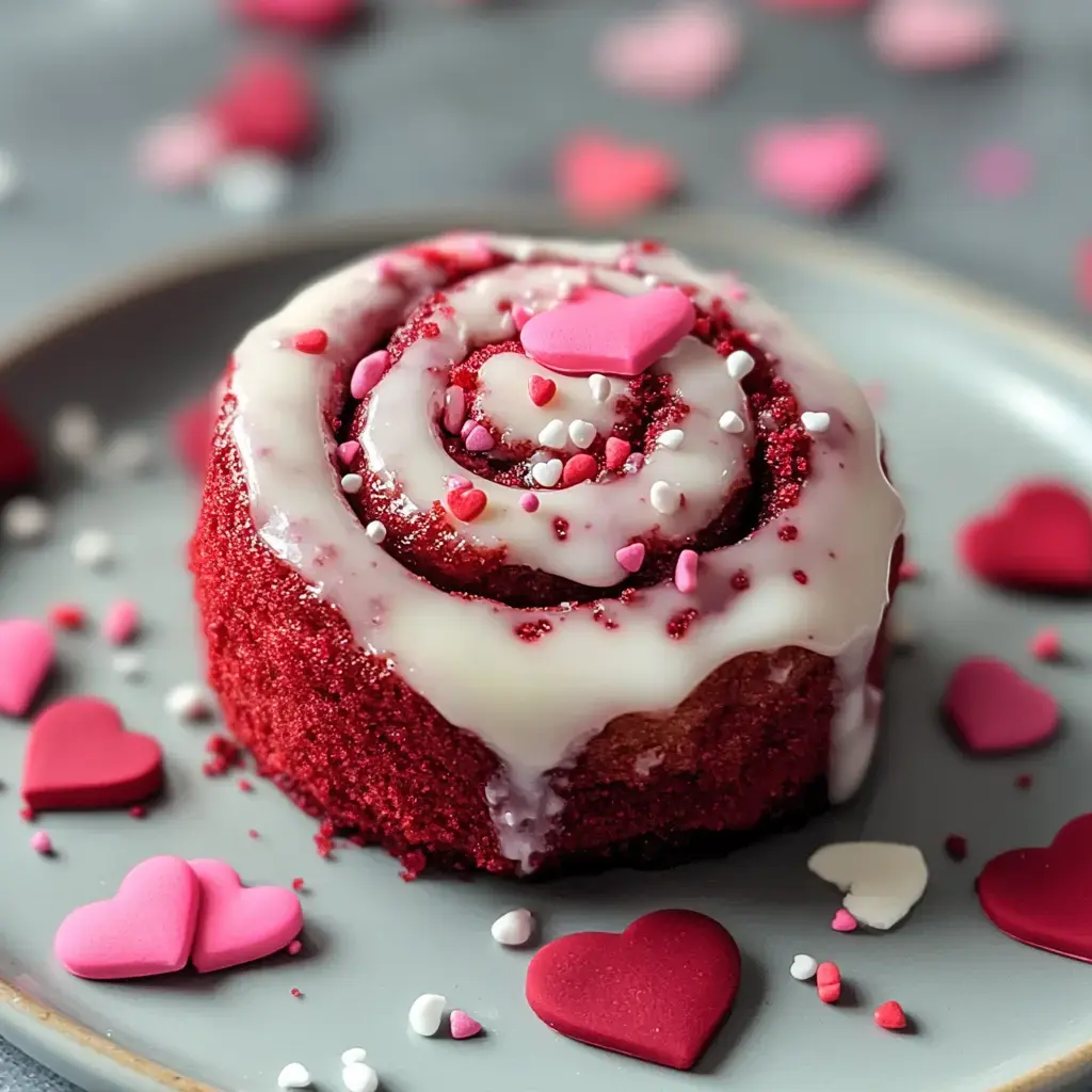 A soft velvet roll topped with rich frosting and colorful sprinkles, surrounded by festive heart decor on a plate.